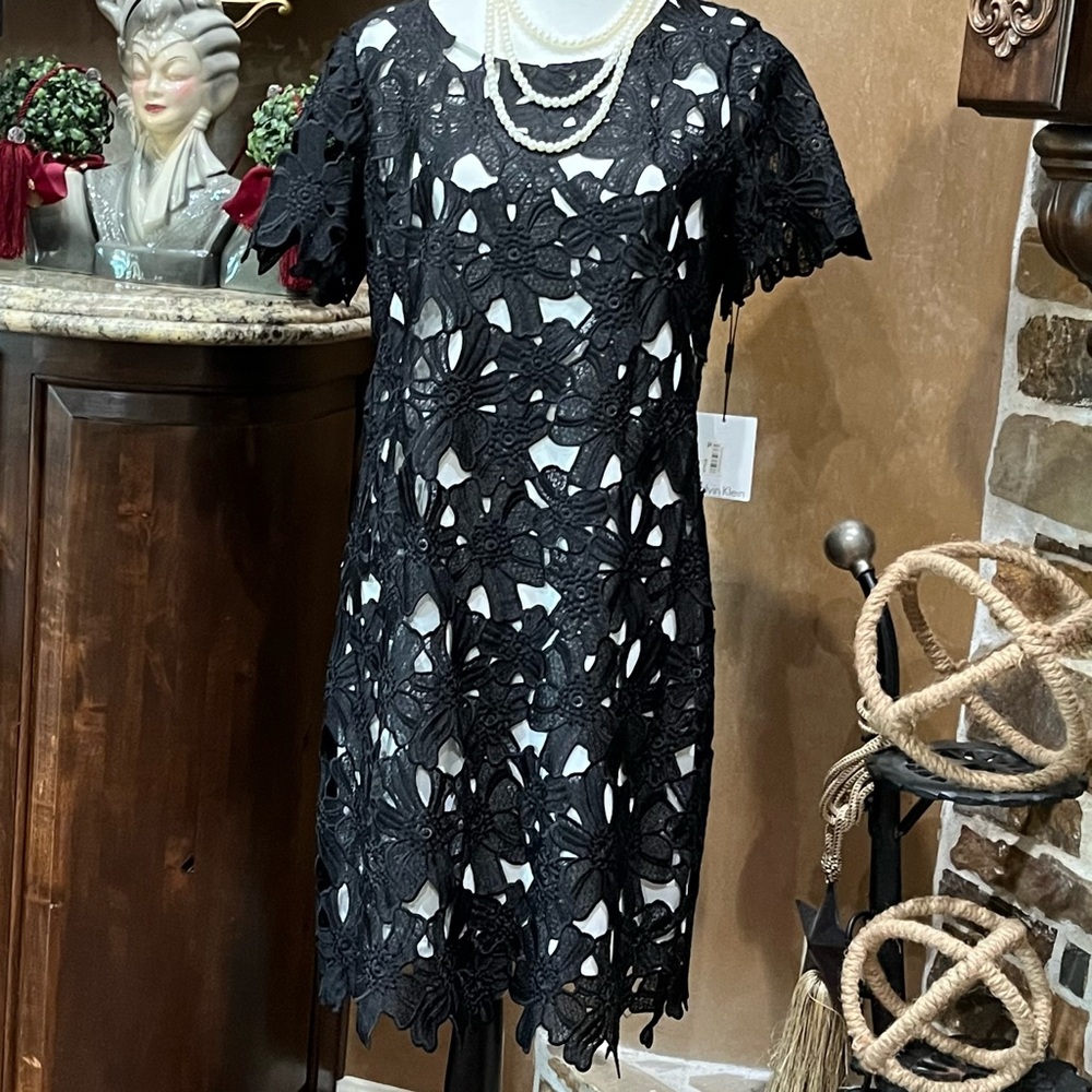 Calvin Klein Black Floral Lace Dress NWT